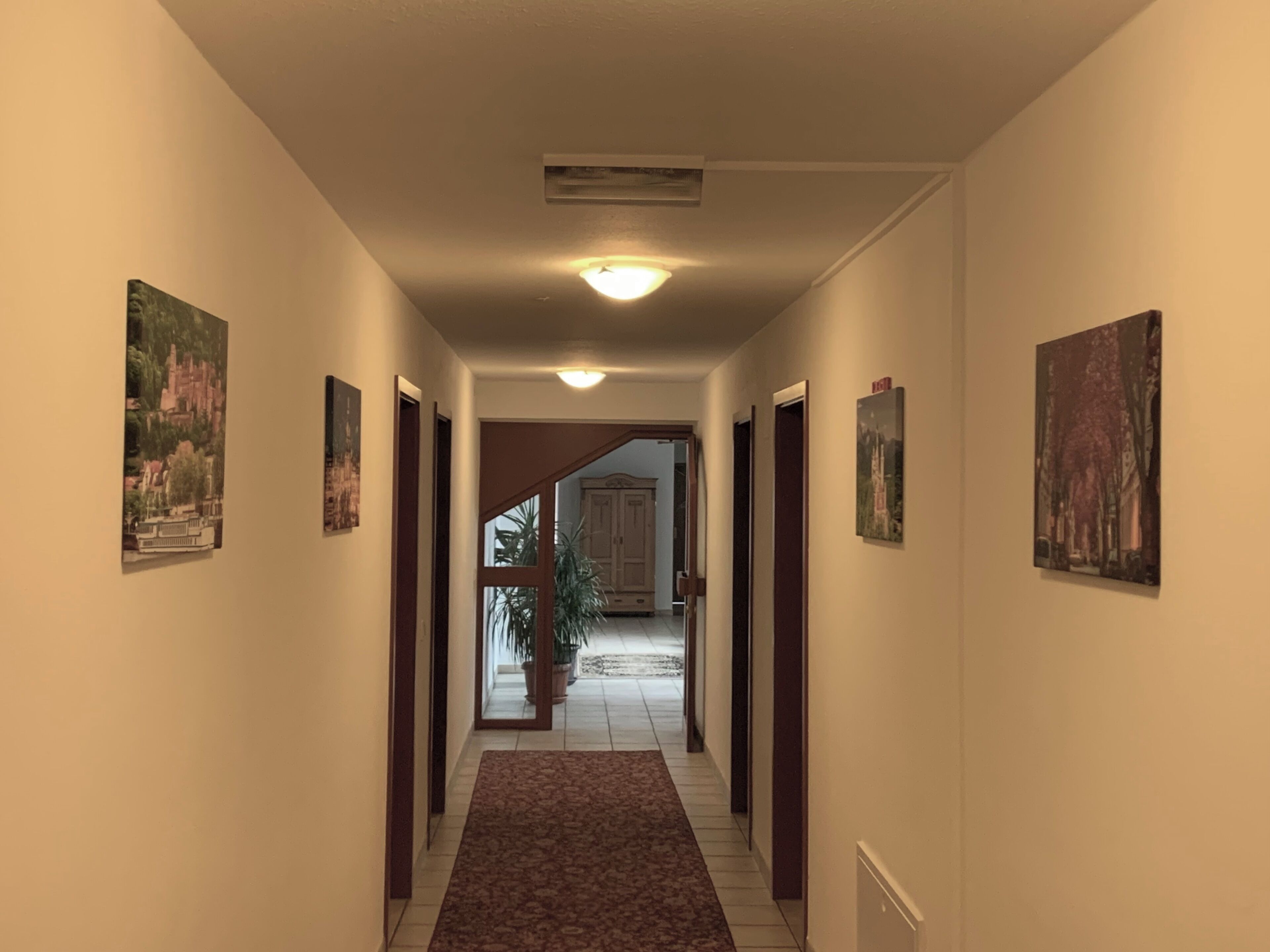 A hallway with a patterned carpet, framed pictures on the walls, and a ceiling light.