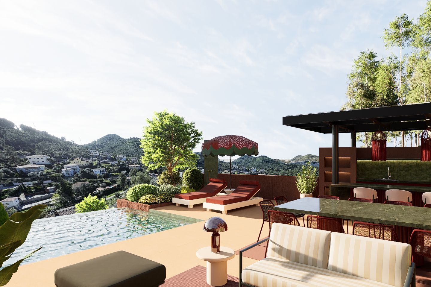 A rooftop terrace with a pool, lounge chairs, and a dining area overlooking a mountainous landscape.