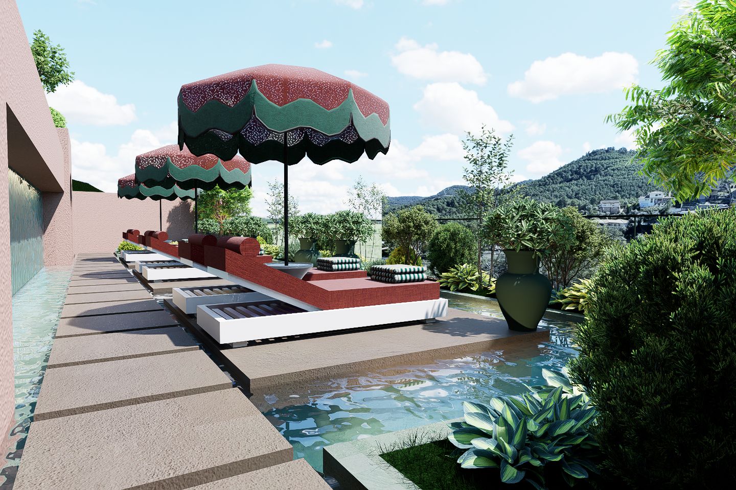 Área de piscina com mobiliário, guarda-sóis e um elemento aquático.