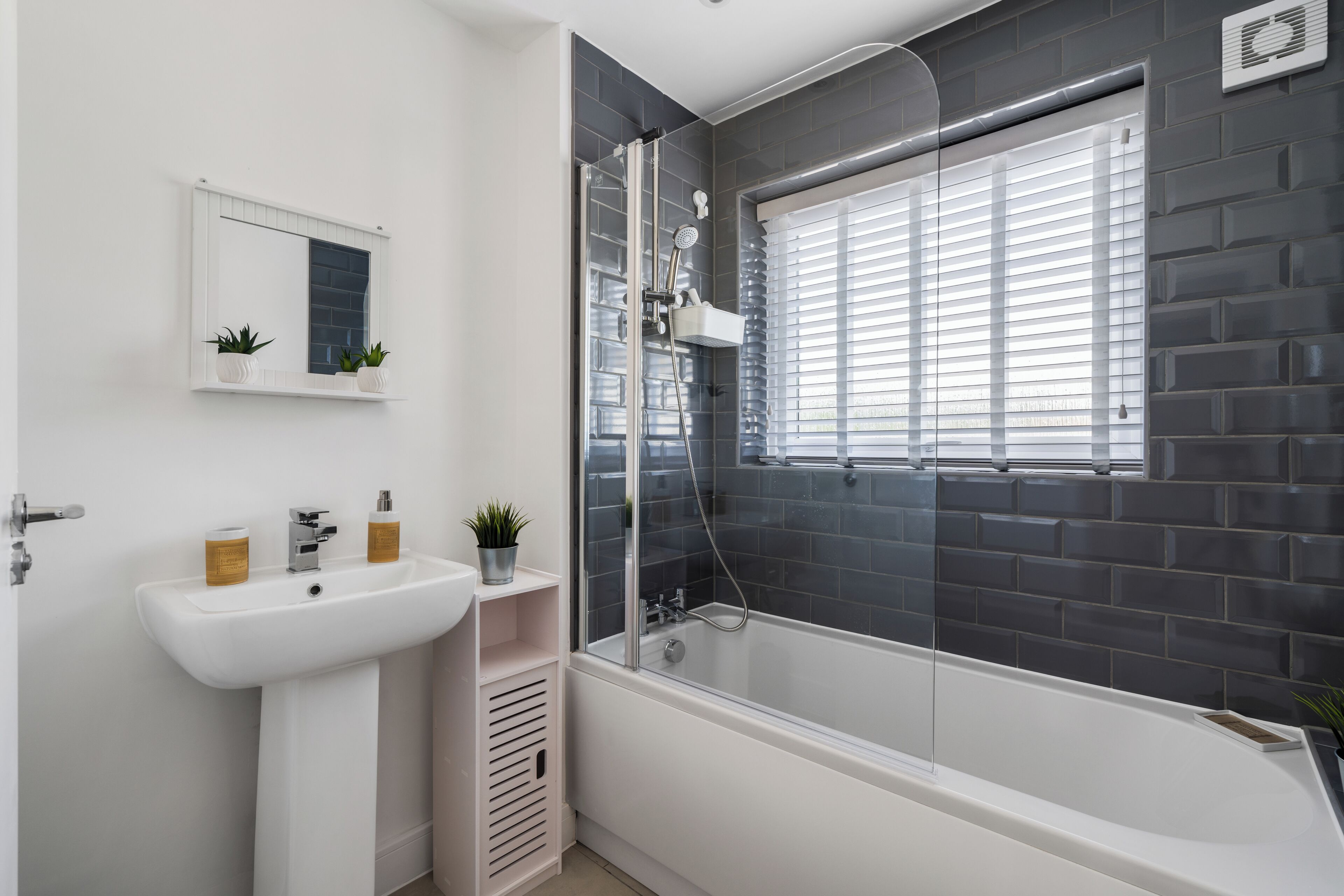 Shower, hair dryer, towels, toilet paper