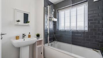 Shower, hair dryer, towels, toilet paper