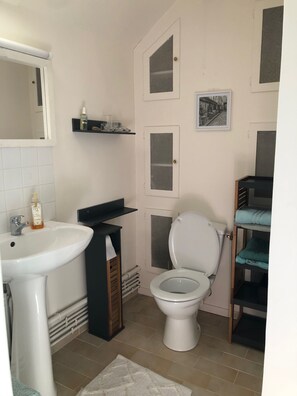 Een haardroger, handdoeken, zeep, toiletpapier
