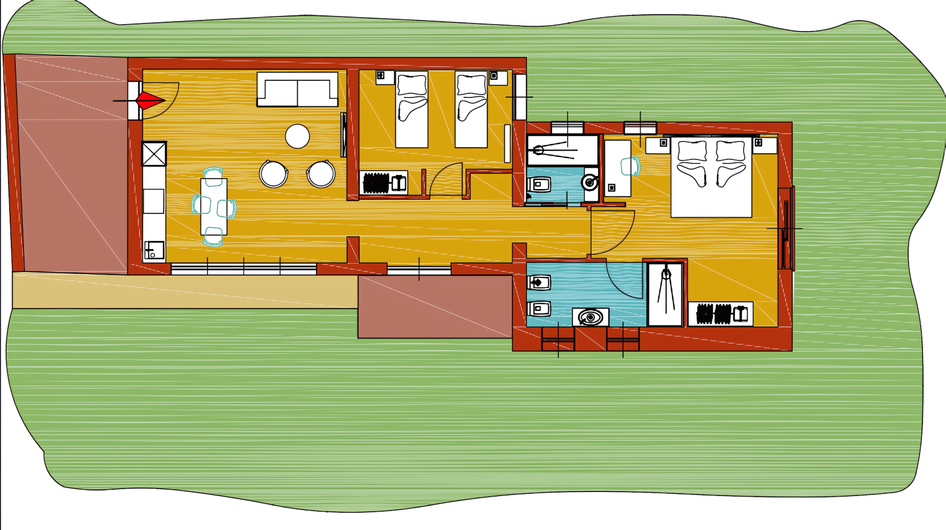 Plano de planta de una casa que incluye sala de estar, cocina, dos dormitorios y un baño.