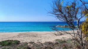 A beach with clear blue water, sandy shore, and sparse vegetation. - La Villa sul Mare - Direct beach front access (Geremeas)