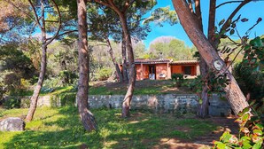A rustic house with a stone wall, surrounded by trees and greenery. - La Villa sul Mare - Direct beach front access (Geremeas)