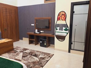 Desk, laptop workspace, blackout curtains, soundproofing - Hotel Marina (Meerut)
