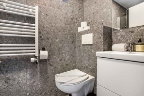 Shower, hair dryer, towels, shampoo - TYS One Bedroom Basement Apartment (Reykjavík)