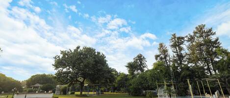 A park with a swing set, a small pond, and trees.