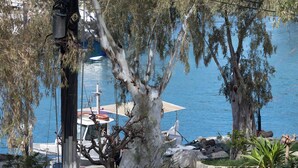 Un sentier menant à un quai où est amarré un bateau, le tout étant entouré d’arbres et d’un mur de pierres.
