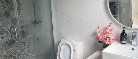 Shower, hair dryer, towels, soap