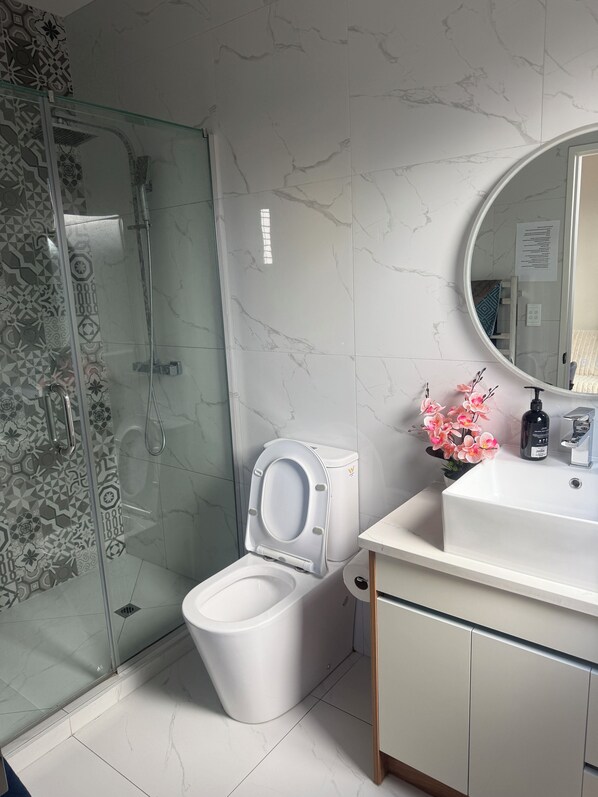 Shower, hair dryer, towels, soap