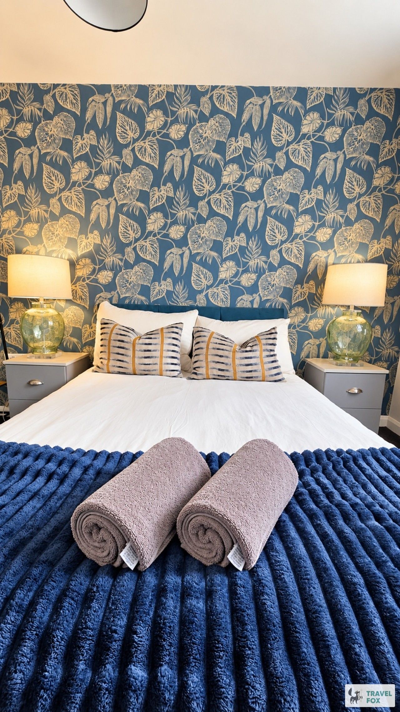 A hotel room with a bed, two bedside lamps, a blue patterned wallpaper, and two rolled towels on the bed.