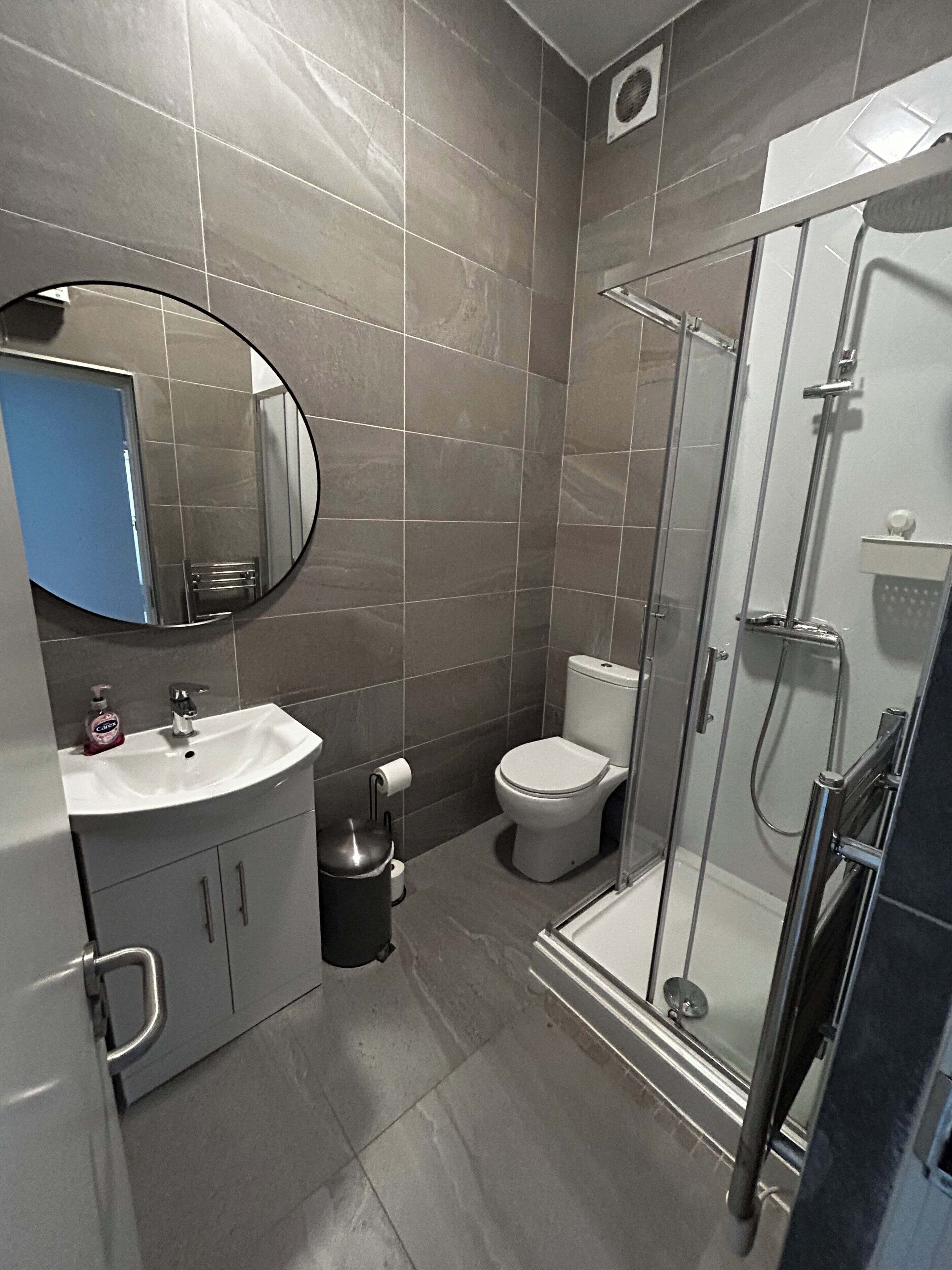 Shower, hair dryer, bidet, towels