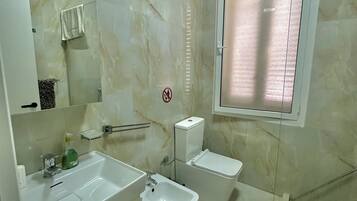 Shower, hair dryer, bidet, towels