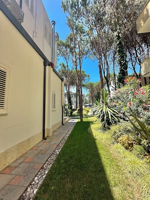 A pathway leading to a building with a tiled border, surrounded by greenery and trees.