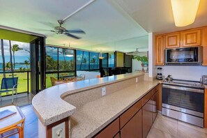 Fridge, microwave, oven, stovetop - Oceanfront 1-Bedroom Condo with Stunning Views at Kihei Surfside #311 (Kihei, Maui)
