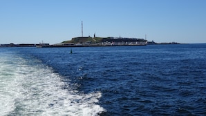 Een kustgezicht met een opvallende heuvel, een vuurtoren en een steiger die het water in reikt.