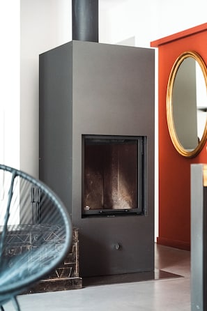 A modern fireplace with a glass door, a metal chimney, and a red wall.