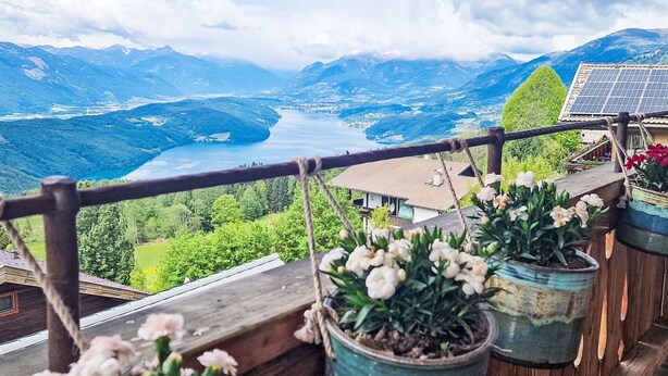 Ein Balkon mit Blumentöpfen und Blick auf einen See, der von Bergen umgeben ist.