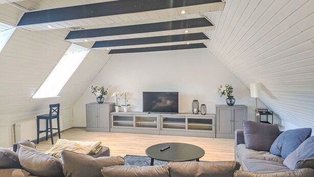 Ein Loft-Zimmer mit schrägem Dach, einer Couch, einem Fernseher und einem Schrank.