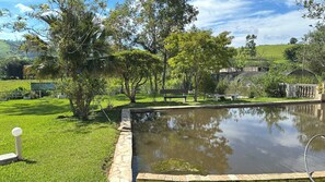 Ein ruhiger Garten mit Teich, einem Kiesweg und einer Bank.