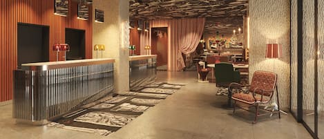 A hotel lobby with a reception desk, seating area, and a patterned ceiling.