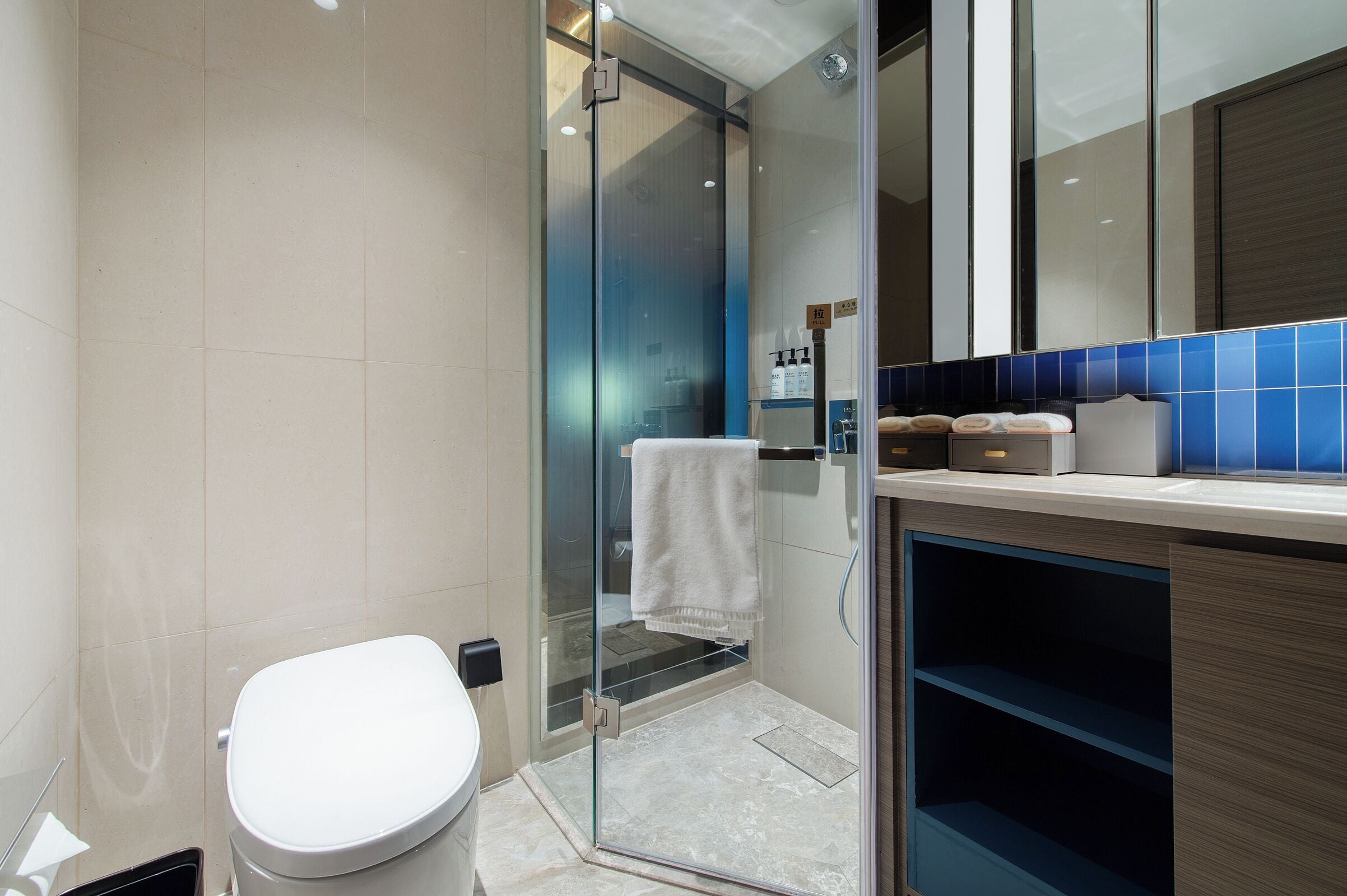 Shower, hydromassage showerhead, hair dryer, bathrobes