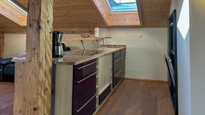 A kitchen with a skylight, wooden ceiling, and a built-in oven. - Vacation apartment Haus Bader (Garmisch-Partenkirchen)
