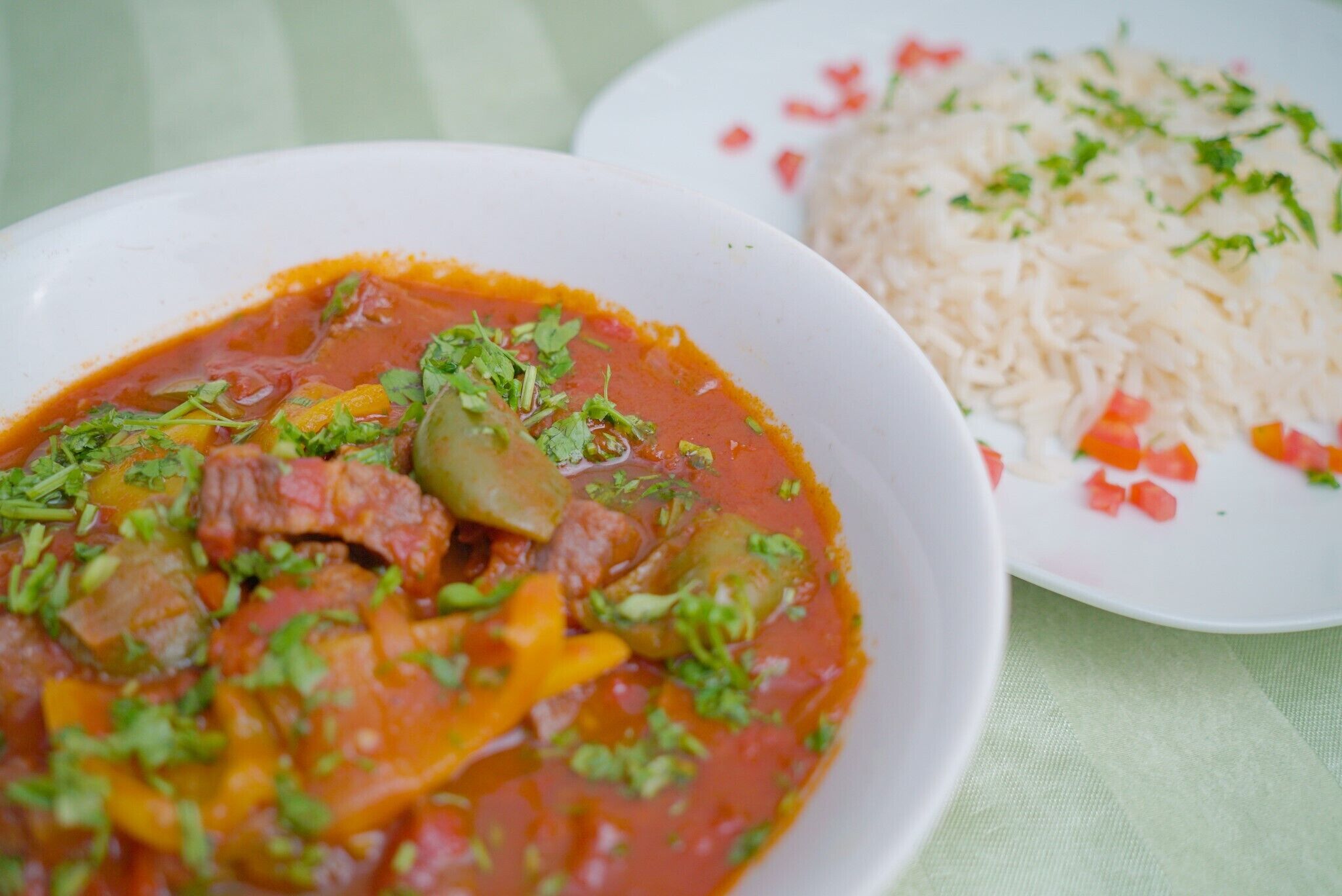 Un tazón de estofado con verduras y carne, y un plato de arroz con vegetales picados.