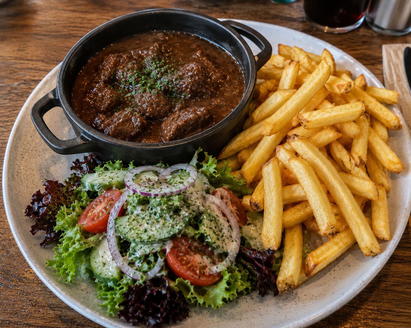 Une assiette comprenant un plat de viande, des frites et une salade.