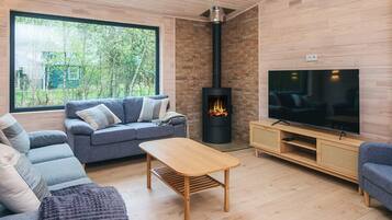 A modern living room with a fireplace, a sofa, a TV, and a wooden ceiling.