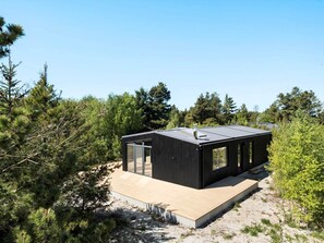 A modern, dark-colored cabin with a flat roof, large windows, and a concrete foundation, surrounded by dense forest.