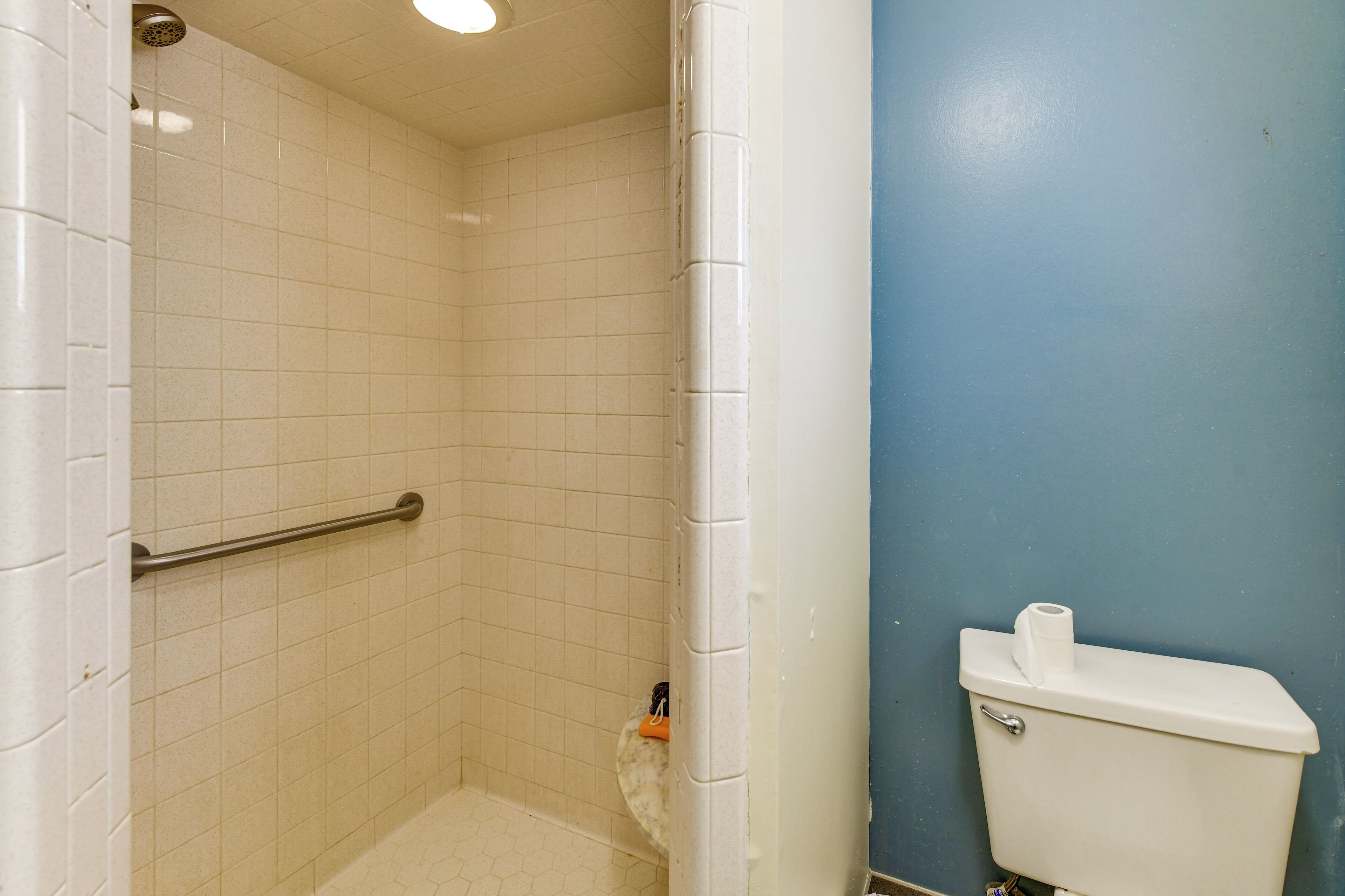 Et badeværelse med hvide flisemure, et bruseområde, et toilet og en blå væg.