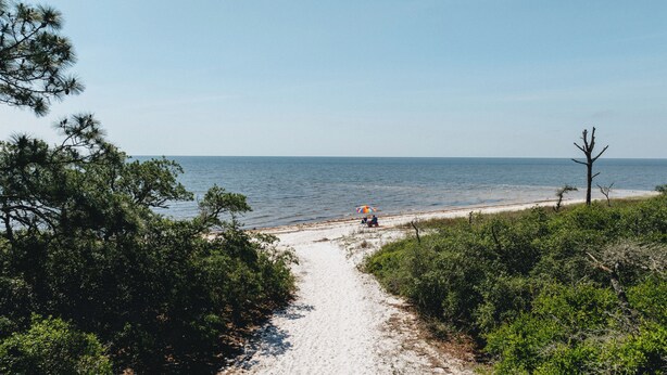 A beach path leading to the sea with a few people and a colorful umbrella.