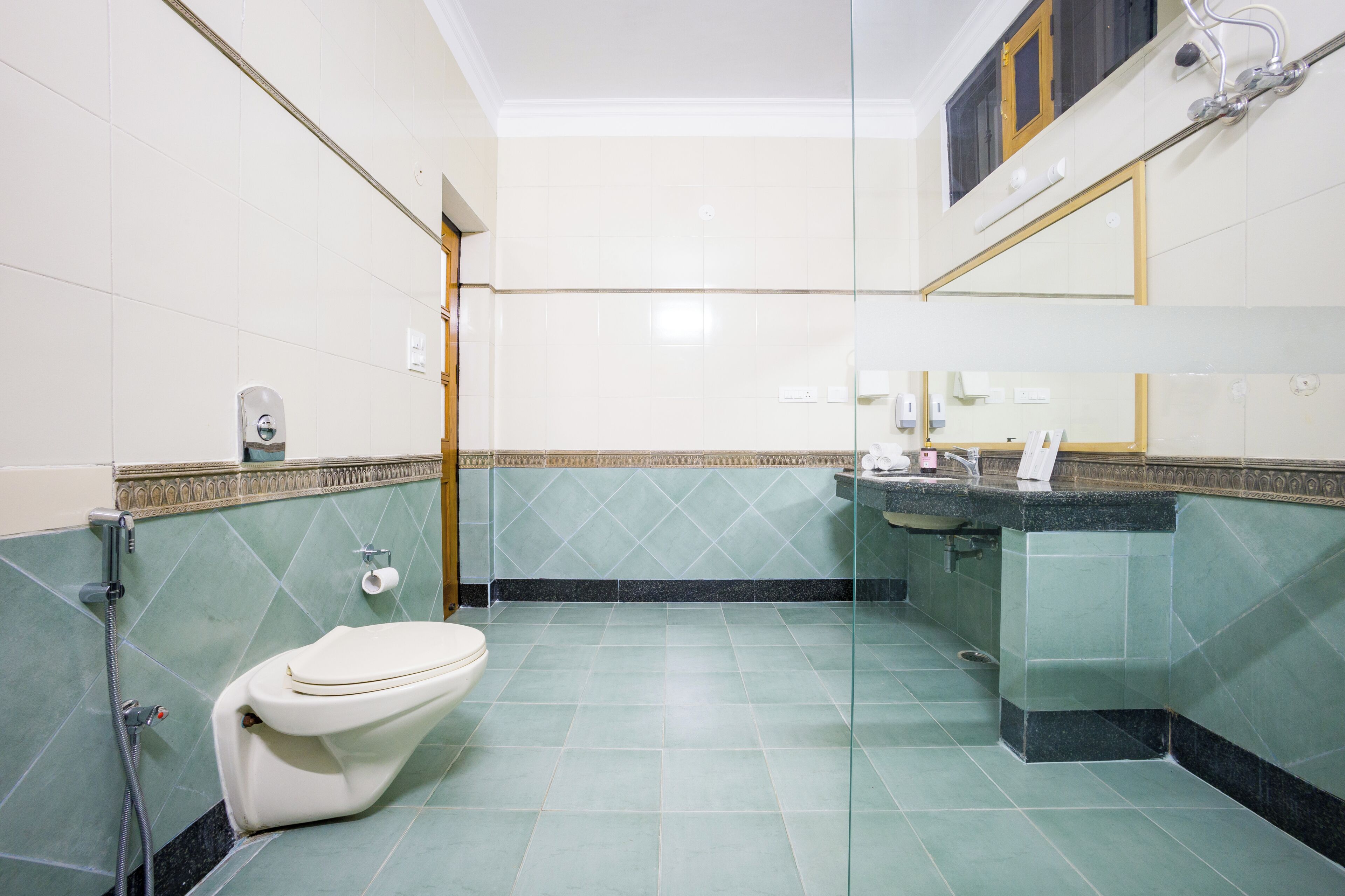 Une salle de bain avec des toilettes, un lavabo et une douche.