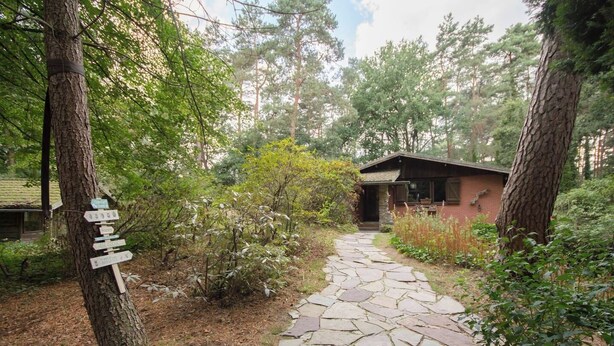 A stone pathway leading to a rustic cabin surrounded by trees. - Brechts Boshuisje Quiet Holiday Home with Sauna (Brecht)