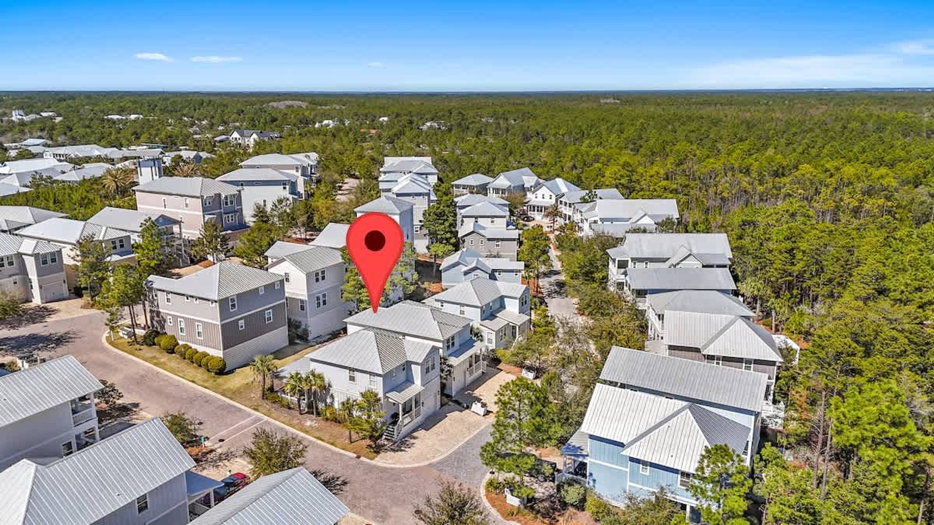 Un quartier résidentiel composé de maisons individuelles, une rue principale et une forêt dense en arrière-plan.