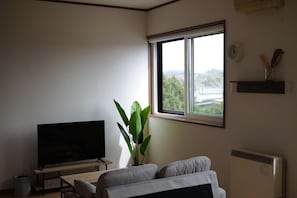A room with a bed, a TV on a stand, a potted plant, a window with a view, and a radiator.