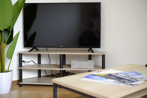 Ein Flachbildfernseher an einer Holzwandkonsole befestigt, darunter Regale, eine Topfpflanze links und ein Tisch mit Zeitschriften im Vordergrund.