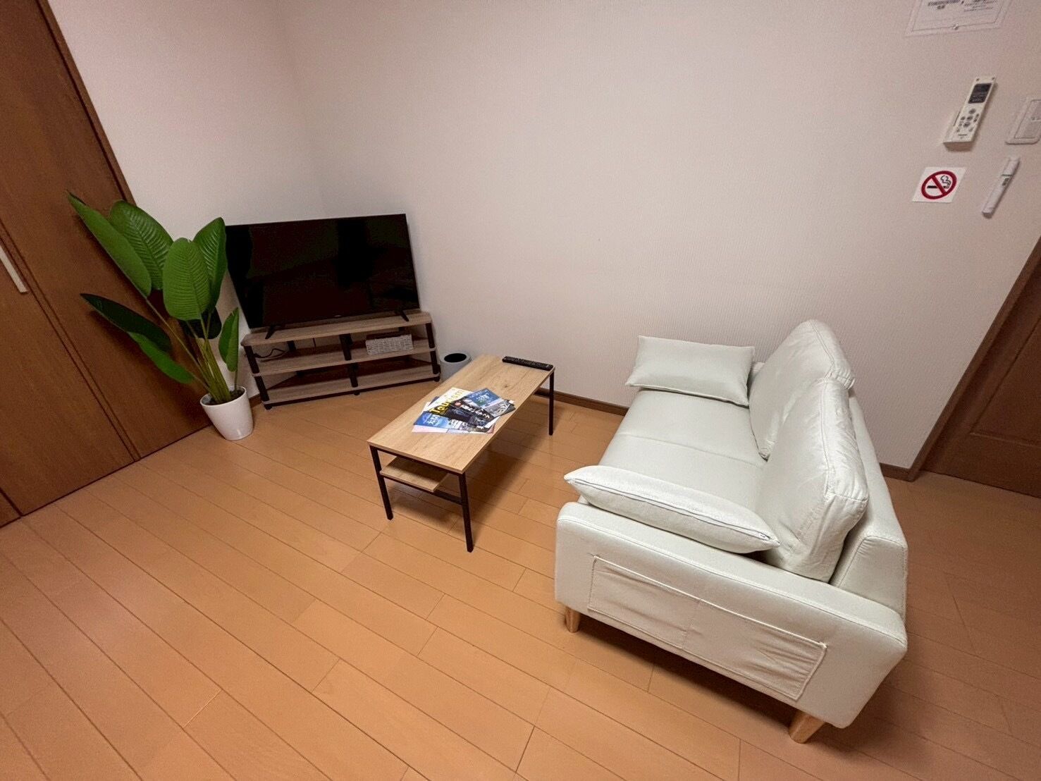 Sala de estar com um sofá branco, uma mesa de centro de madeira, uma televisão sobre um suporte de madeira e um vaso com planta.