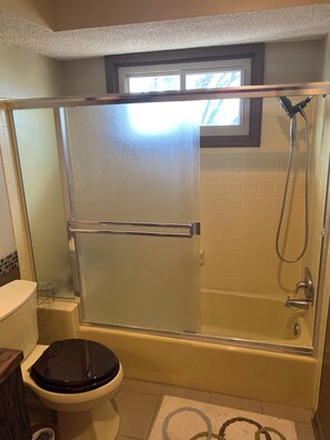 Shower, towels, toilet paper