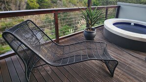 Una terraza de madera con una silla de mimbre, una planta en maceta y un jacuzzi.