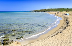 Une plage avec une eau claire, un rivage sablonneux et quelques personnes.