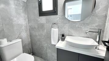 A modern bathroom with a toilet, sink, and mirror.