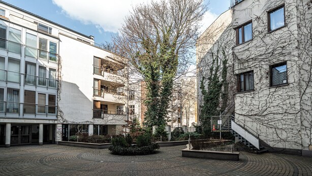 Un patio con un árbol en el centro, edificios con balcones y un camino de ladrillo.