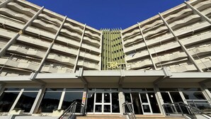 En byggnad med flera våningar, en centralt placerad grön struktur, stora fönster och en tydligt markerad entré med trappsteg.