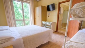 A hotel room with two beds, a desk, a TV, and a shower area. - Only Room Hotel  (Lido di Savio)
