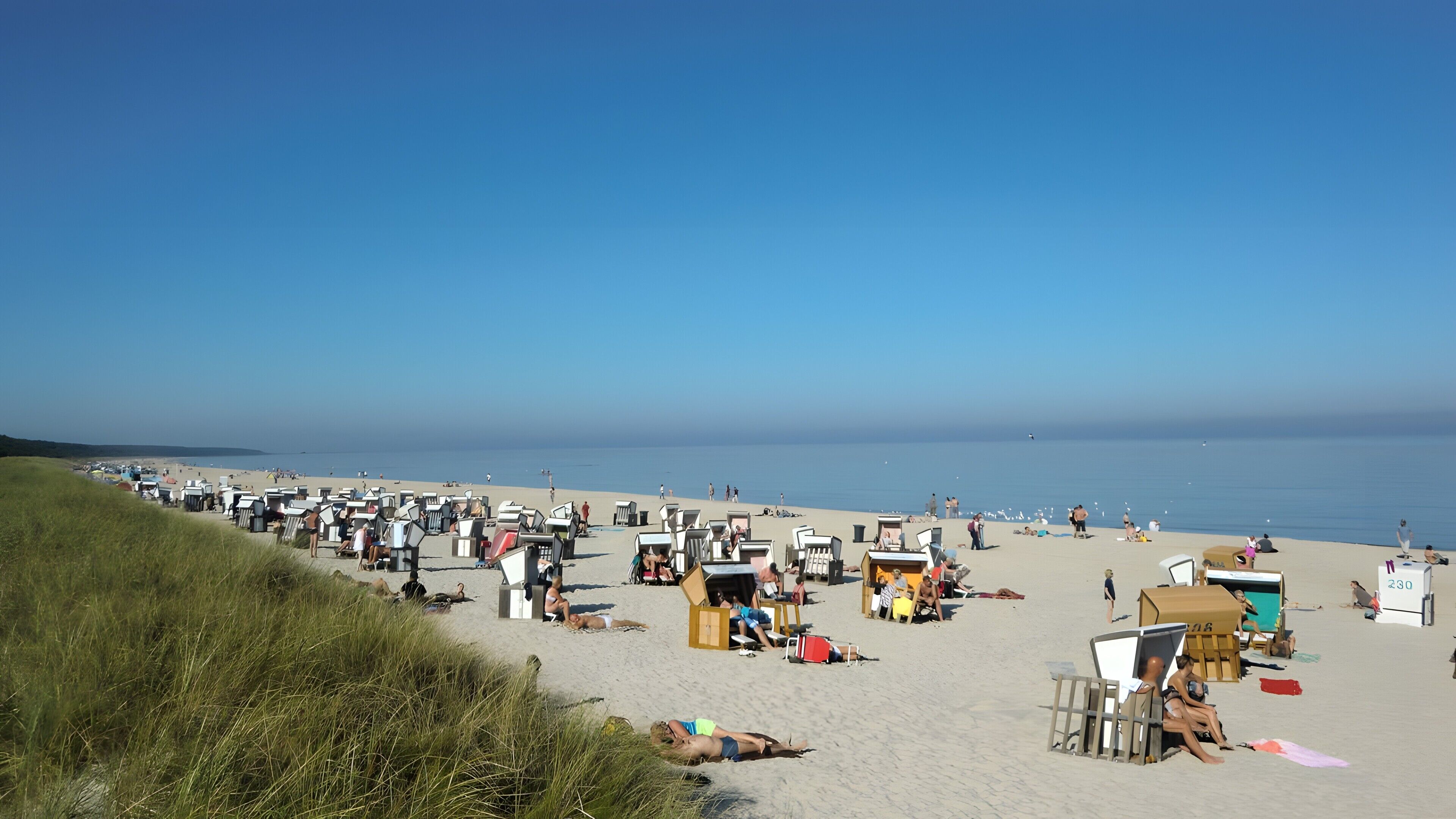 Una platja amb nombroses cabanes de bany i gent relaxant-se.
