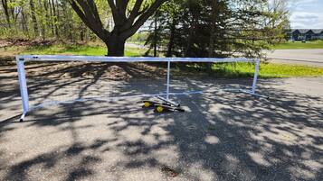 A white goal post with a net, a skateboard, and a tree in the background.