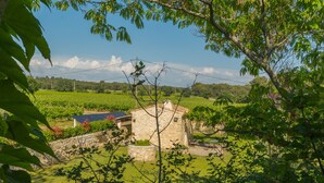 A stone building with a sloped roof, surrounded by lush greenery and fields. - Les Olivandes Cottage with Pool (Saint-Cannat)